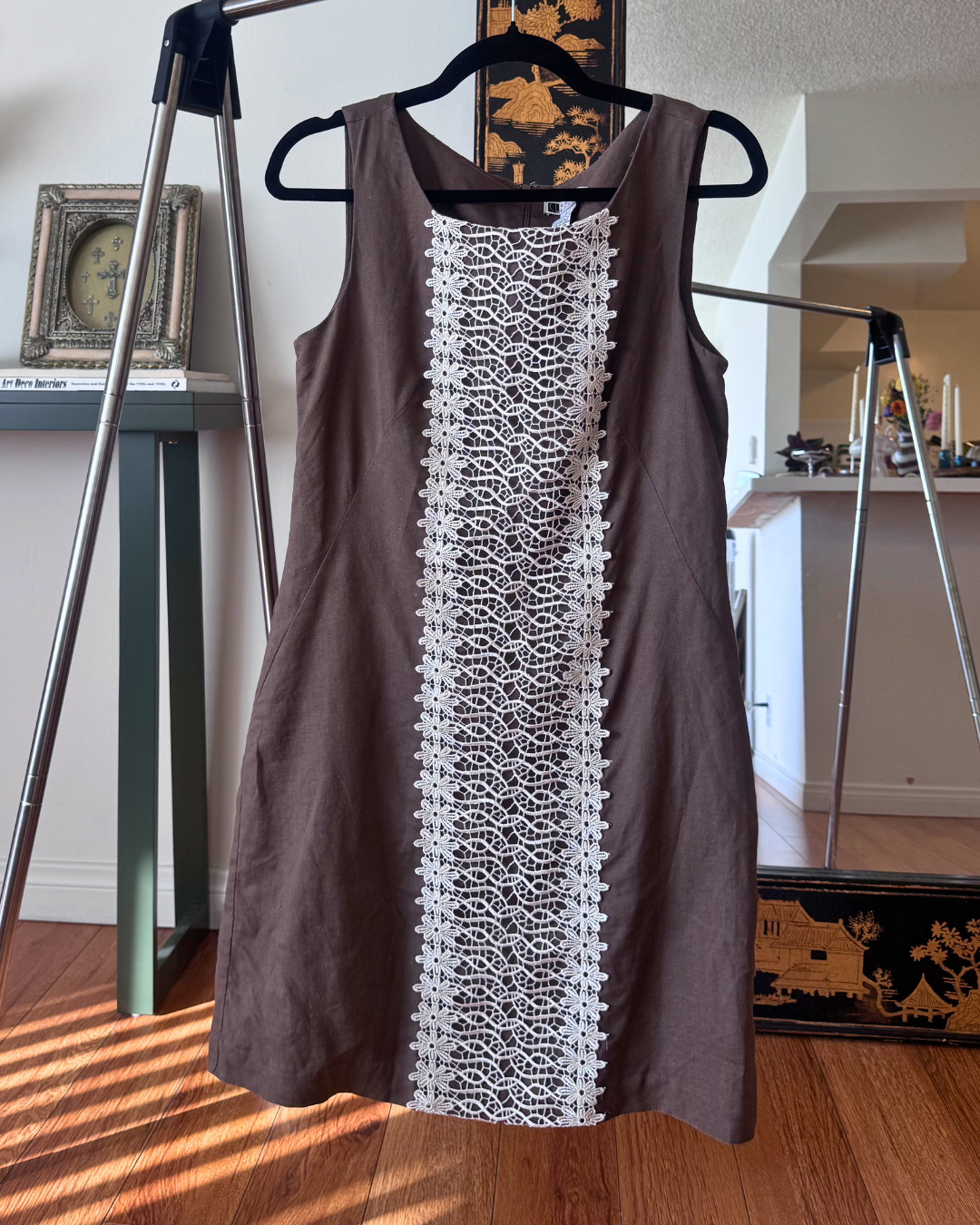 Vintage Carole Little Brown Linen Lace Shift Dress – Size 4