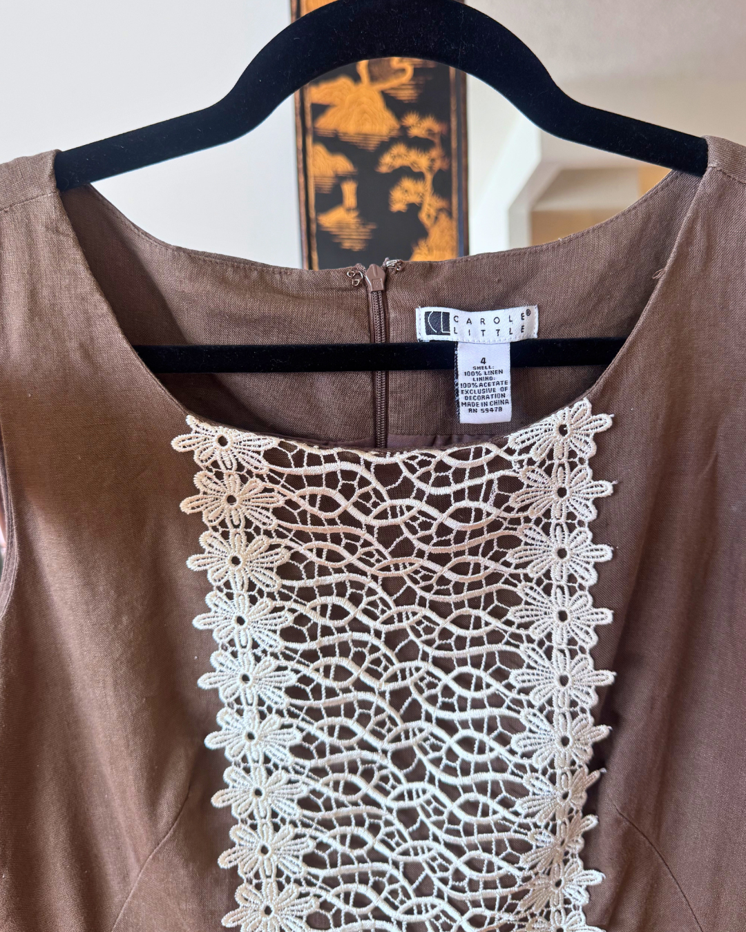 Vintage Carole Little Brown Linen Lace Shift Dress – Size 4