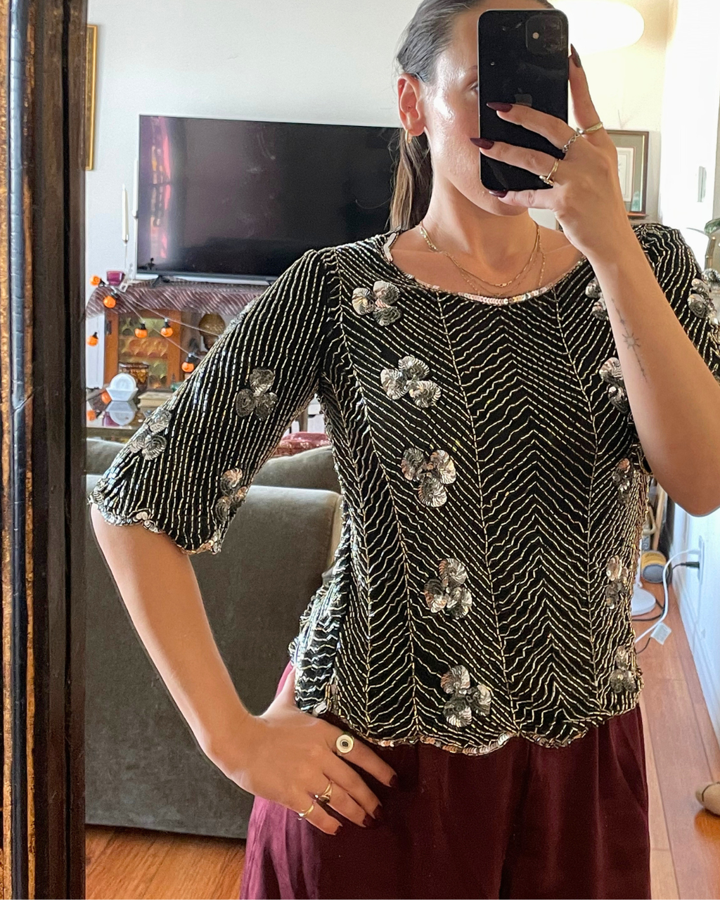 Vintage Pure Silk Beaded &amp; Sequin Statement Top – Fits Small