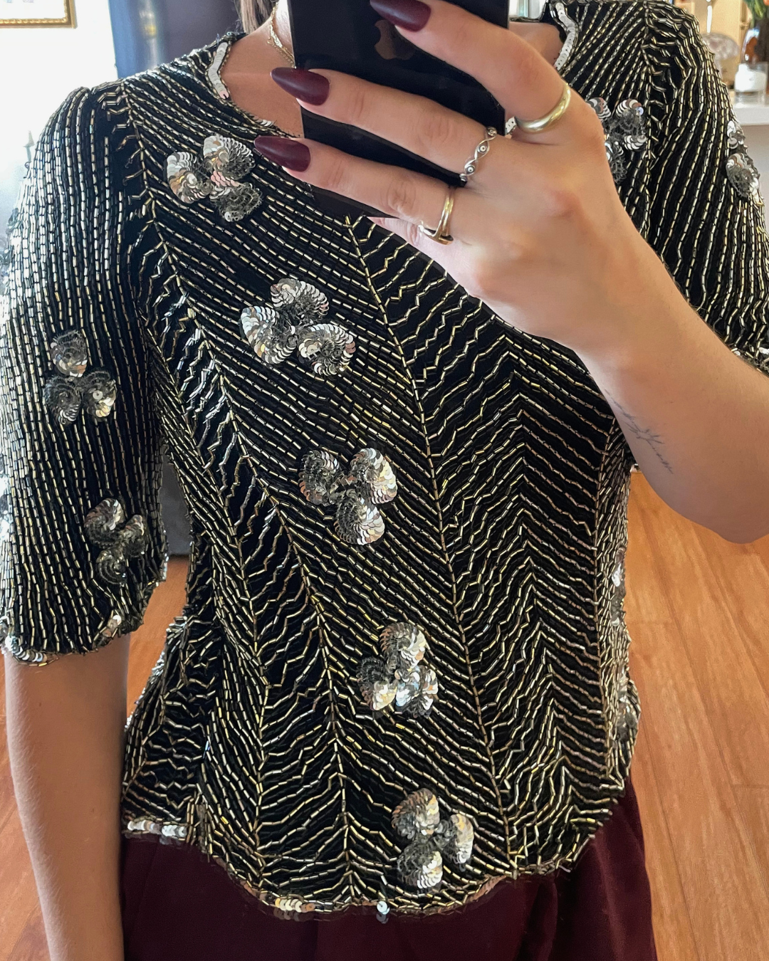 Vintage Pure Silk Beaded &amp; Sequin Statement Top – Fits Small