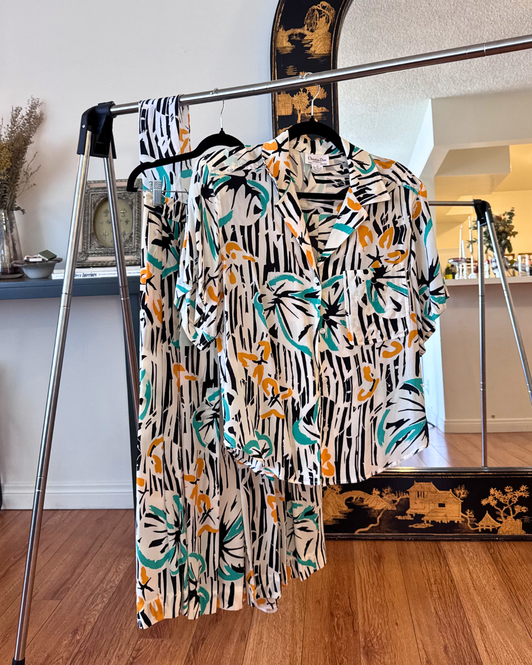 Vintage Christian Dior Tropical Abstract Print Blouse & Skirt Set – Size 10