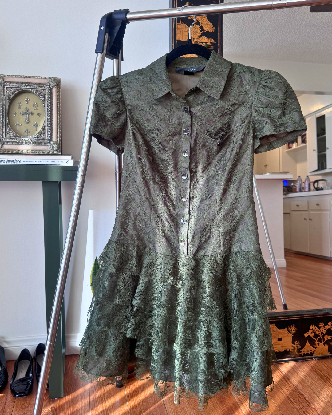 Vintage Jill Stuart Olive Lace Drop-Waist Mini Dress - Size 2