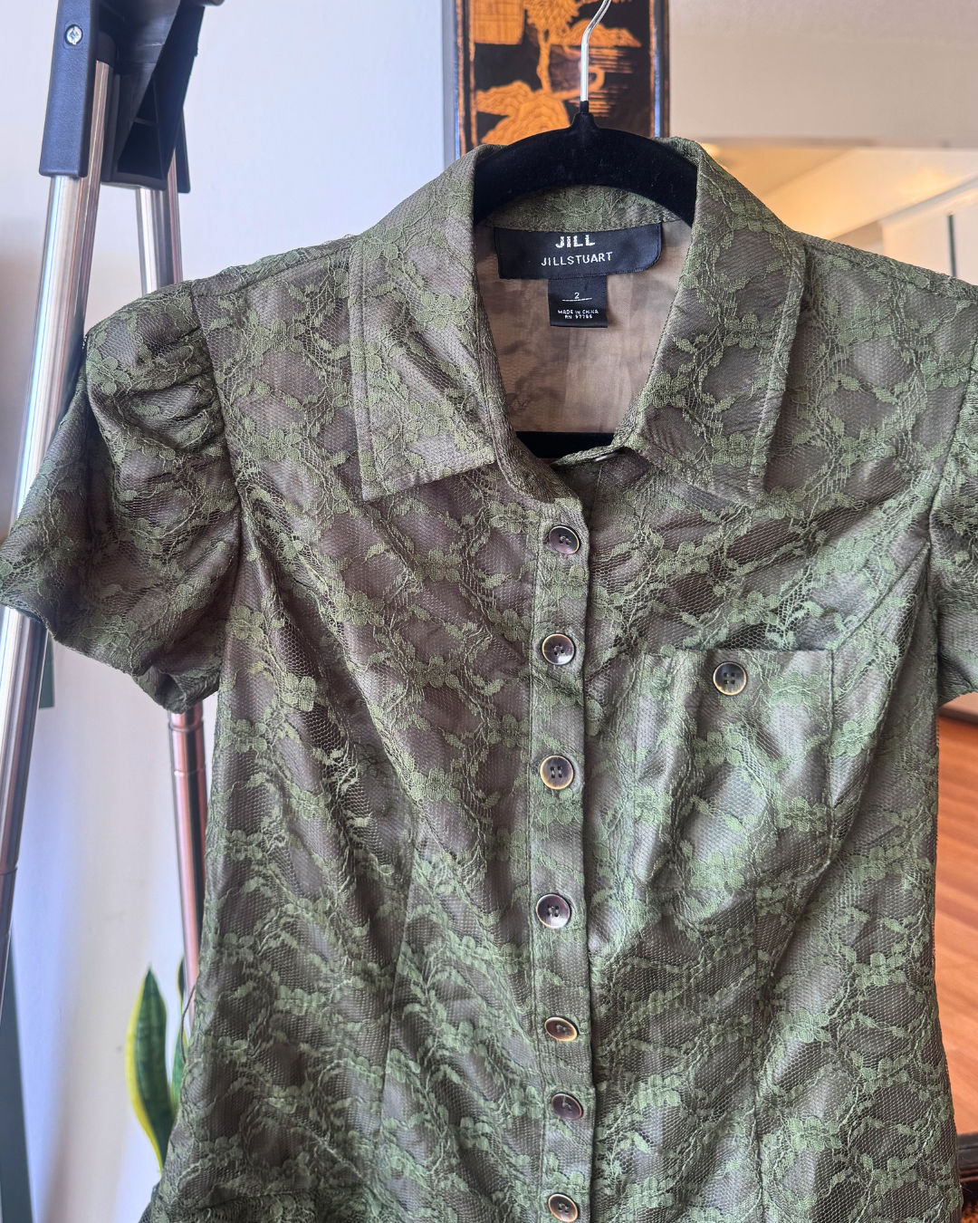 Vintage Jill Stuart Olive Lace Drop-Waist Mini Dress - Size 2