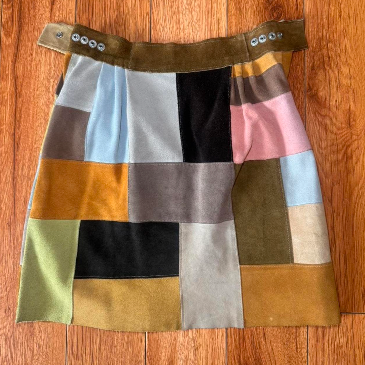 Vintage Genuine Leather Suede Patchwork Mini Skirt – Fits XS/S