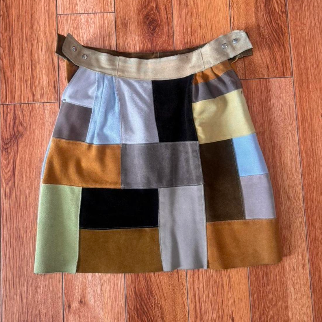Vintage Genuine Leather Suede Patchwork Mini Skirt – Fits XS/S