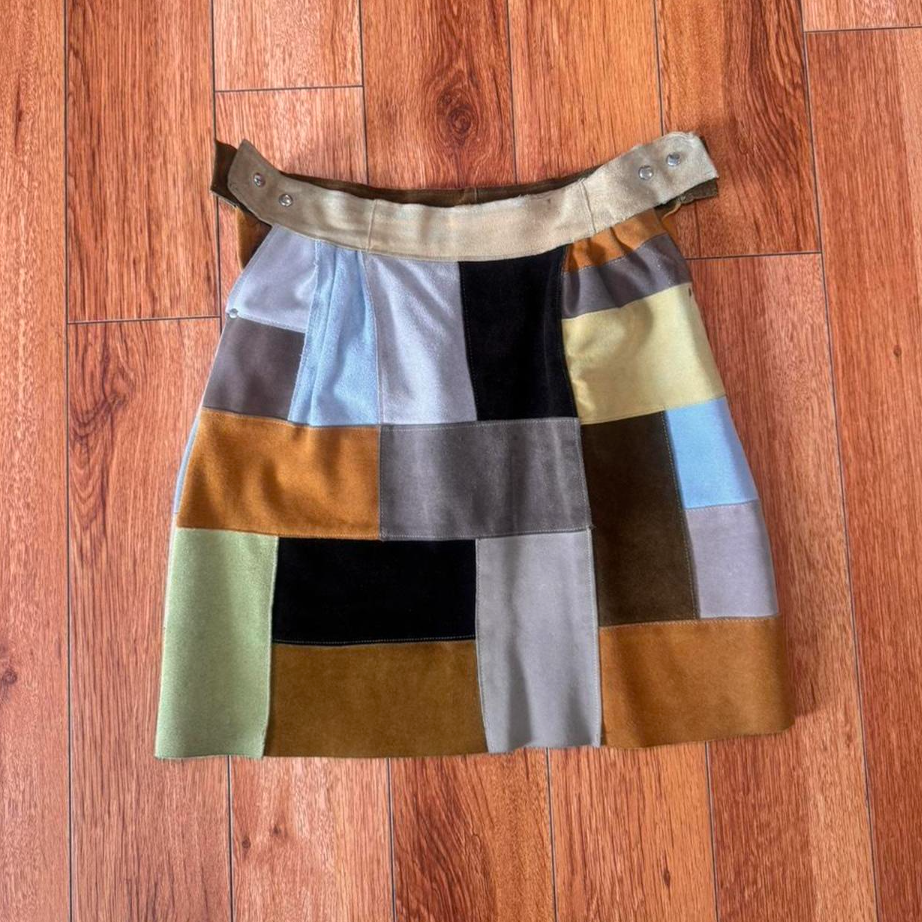 Vintage Genuine Leather Suede Patchwork Mini Skirt – Fits XS/S