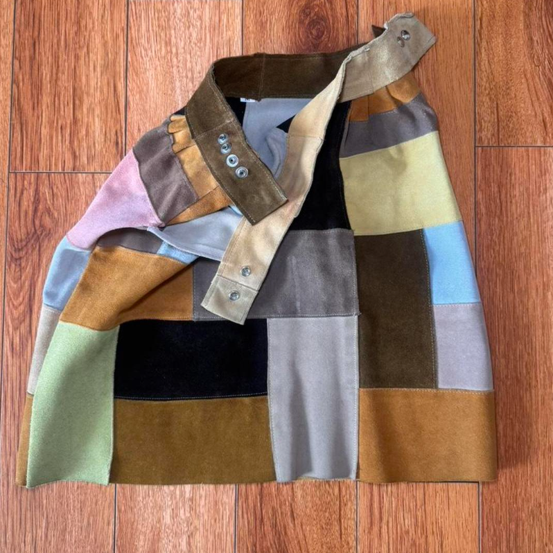 Vintage Genuine Leather Suede Patchwork Mini Skirt – Fits XS/S